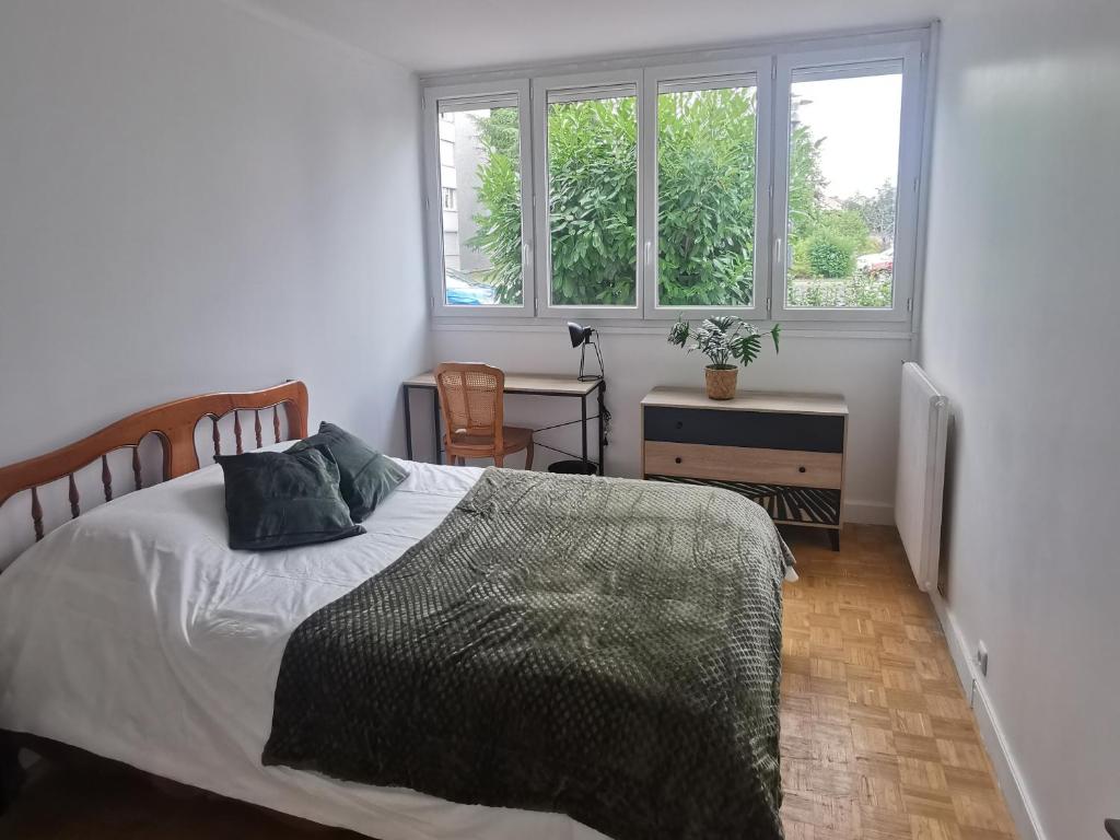 圣让勒布朗Chambre Nature - Tout confort près de Saint Marceau的一间卧室设有一张床和两个窗户。