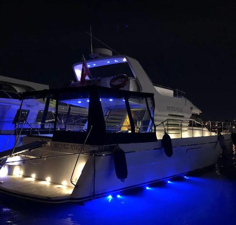 博德鲁姆Yetkin Tekne的夜间停泊在水中的船只