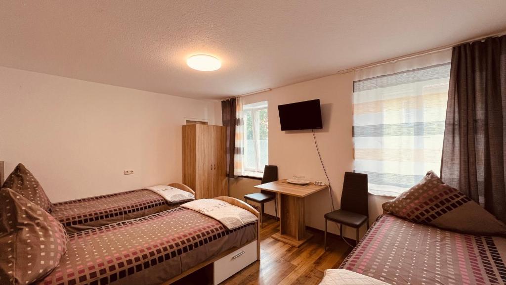 阿尔戈伊地区伊斯尼Sehr zentrales und modernes Zimmer in Isny im Allgäu mit Gemeinschaftsbad的酒店客房设有两张床和电视。