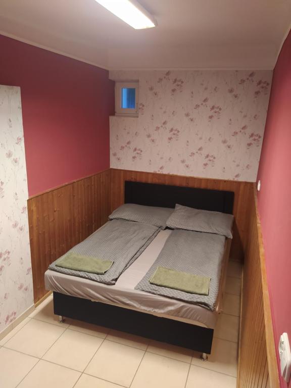 绍尔特沃德凯特Pingpong Apartman的红色墙壁的房间里一张床位