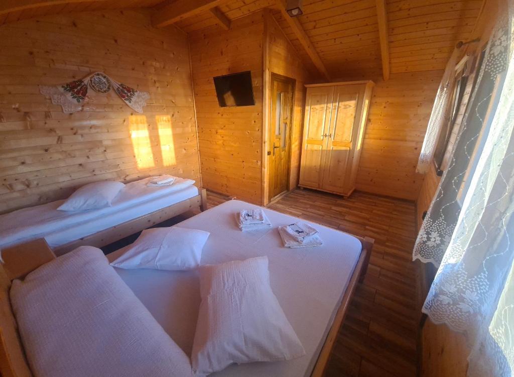 ChişcăuPensiunea Anisoara的小木屋内带两张床的房间