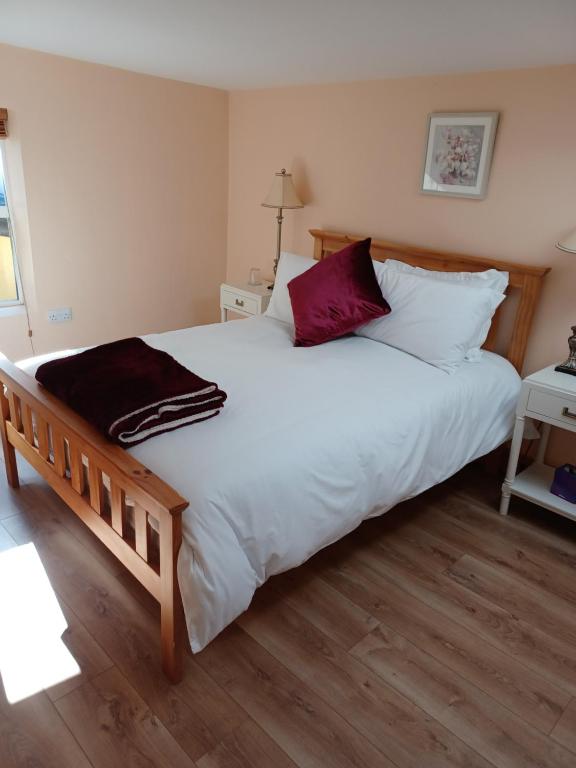 KilmacthomasKents guesthouse accommodation的一间卧室配有一张大床,配有白色床单和红色枕头