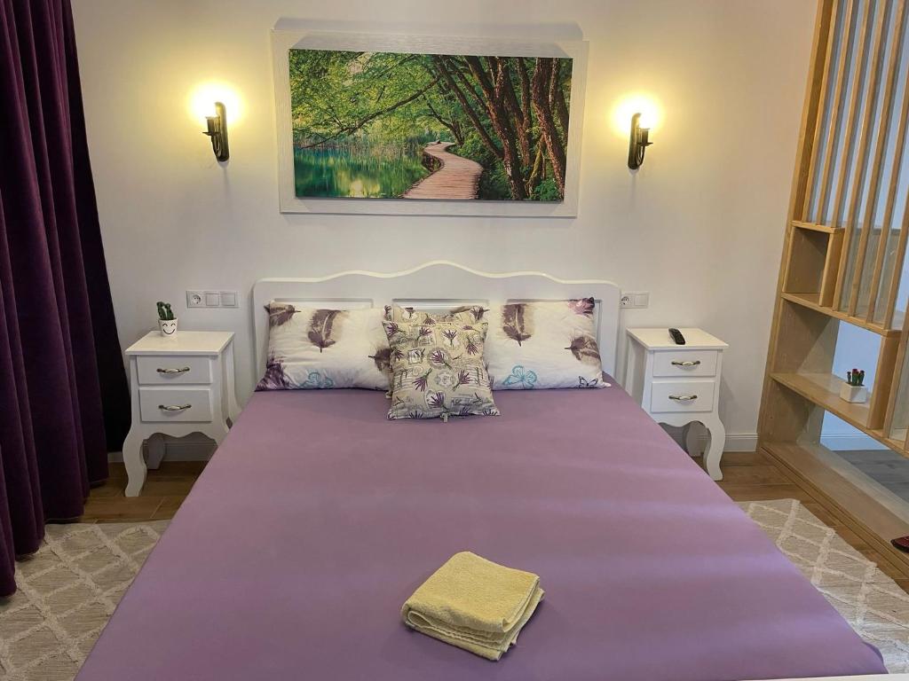 巴亚马雷Apartament Gabriela 39的一间卧室配有一张大床,提供紫色床单和枕头