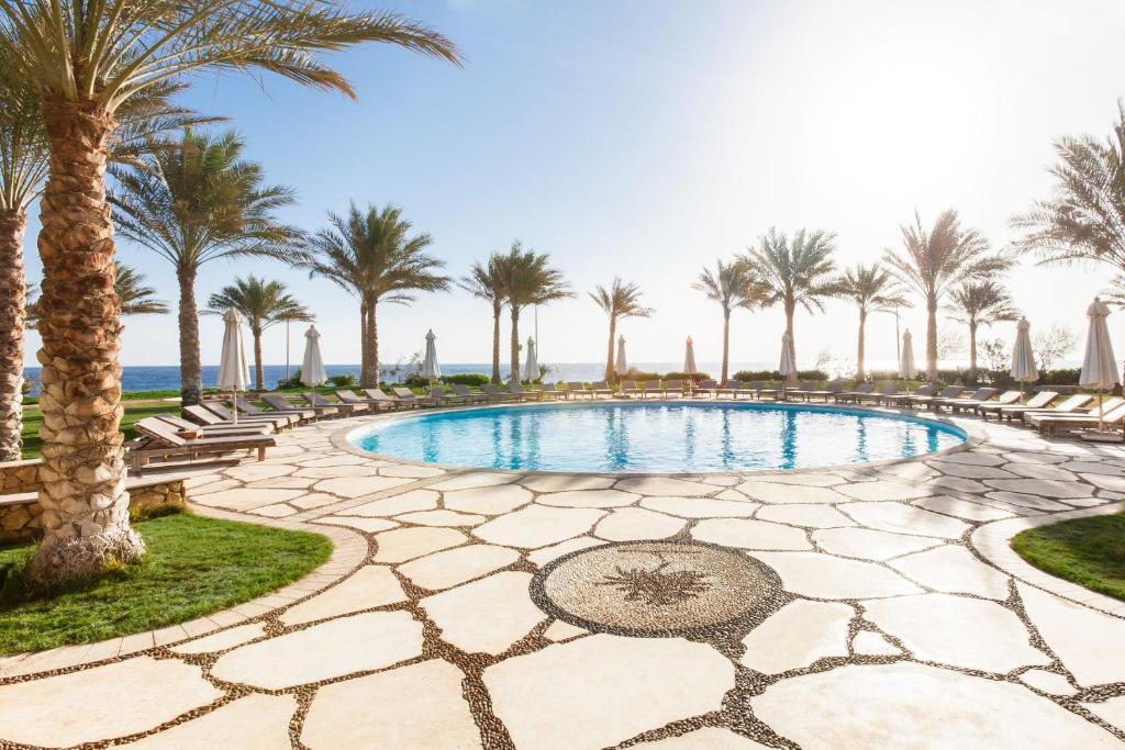 达哈布达哈卜天堂酒店的一个带棕榈树和椅子的度假游泳池
