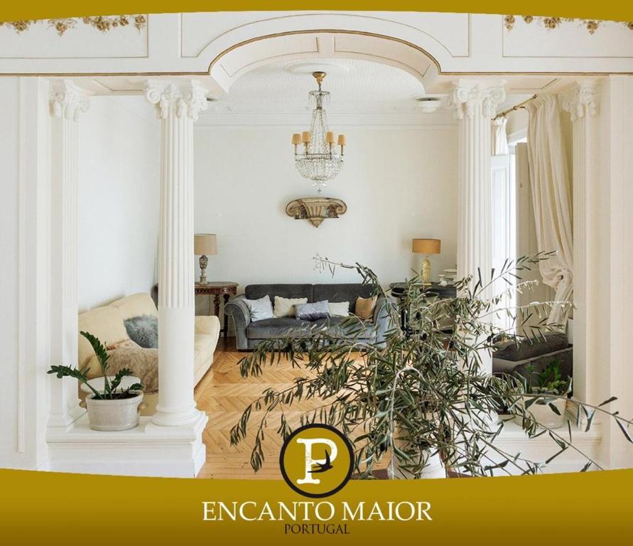 坎普马约尔Palacete Encanto Maior的带沙发和吊灯的客厅