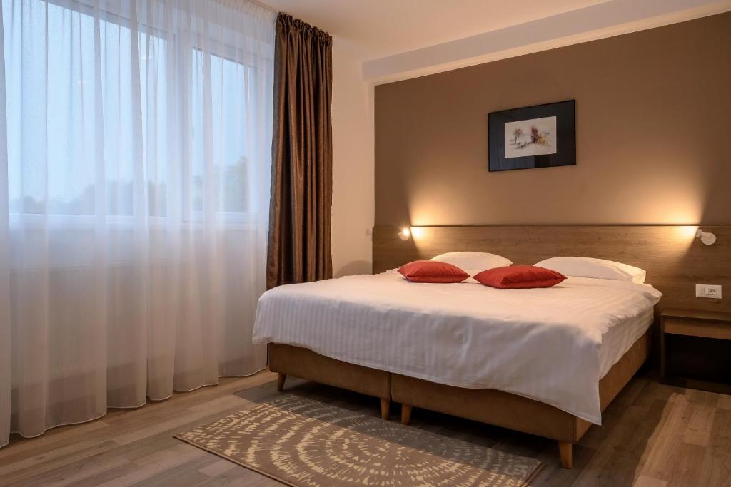 布拉索夫VMD Residence的一间卧室配有一张带两个红色枕头的床