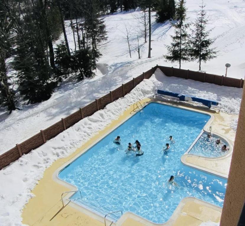 斯诺肖Snowshoe Ski-in & Ski-out at Silvercreek Resort - Family friendly, jacuzzi, hot tub, mountain views的一群人在雪地中的游泳池里