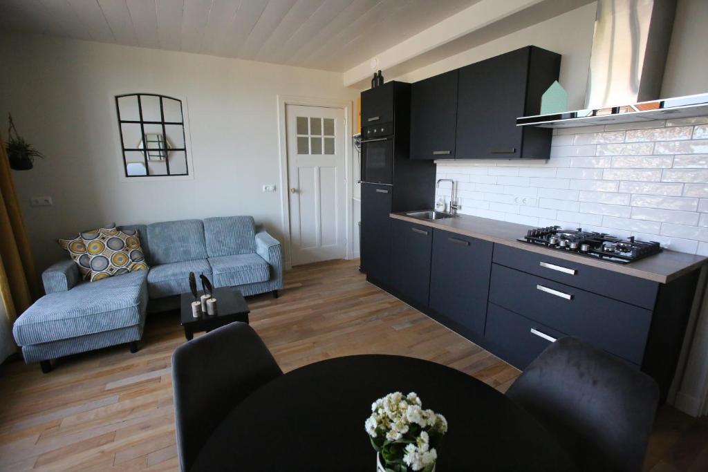 圣尼古拉斯哈Recreatieappartement BoerdeRijlst - De Winkel的厨房以及带沙发和桌子的客厅。