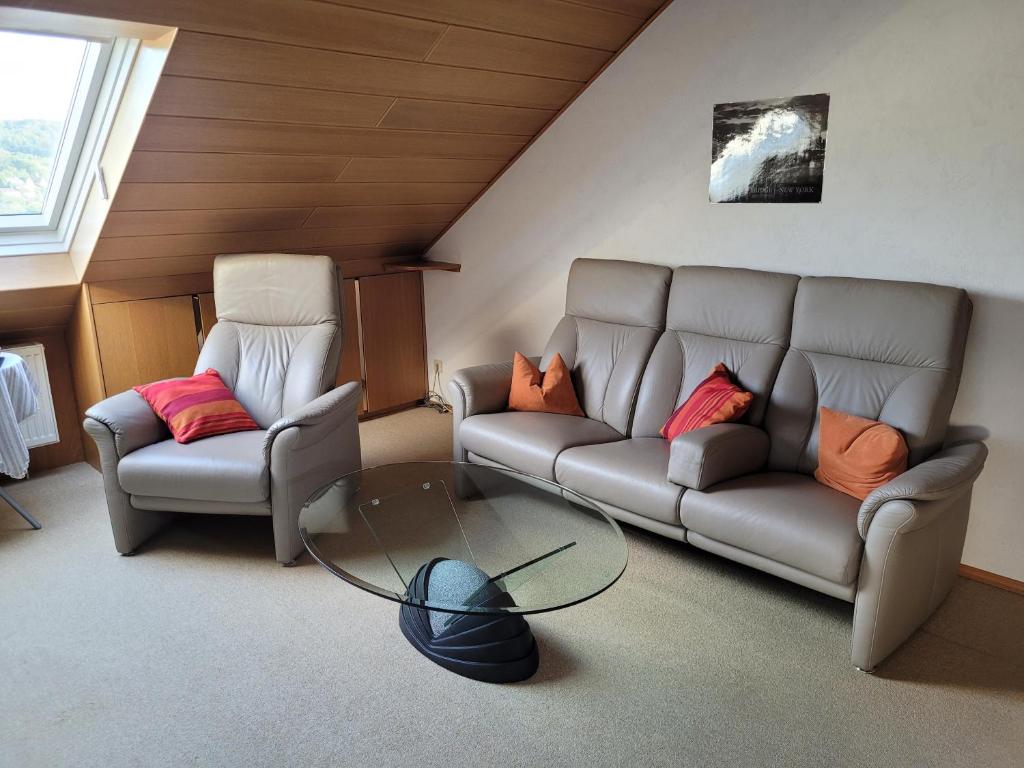 巴特基辛根Ferienwohnung Angelika的客厅配有两张沙发和一张玻璃桌