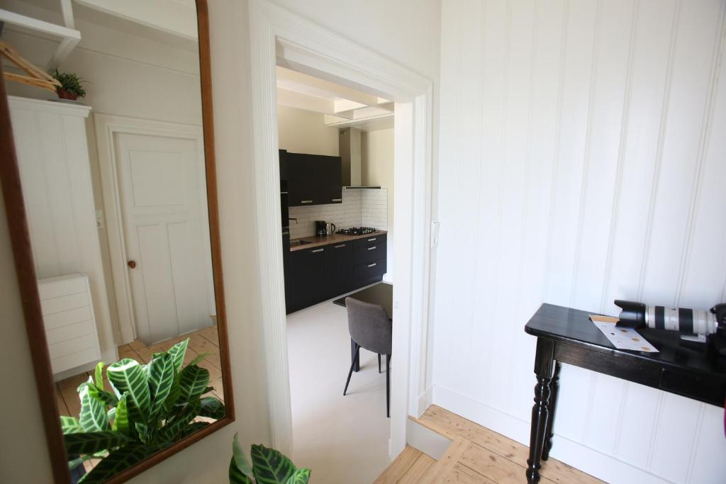 圣尼古拉斯哈Recreatieappartement BoerdeRijlst - De Kamer的配有书桌和厨房的客房内的镜子