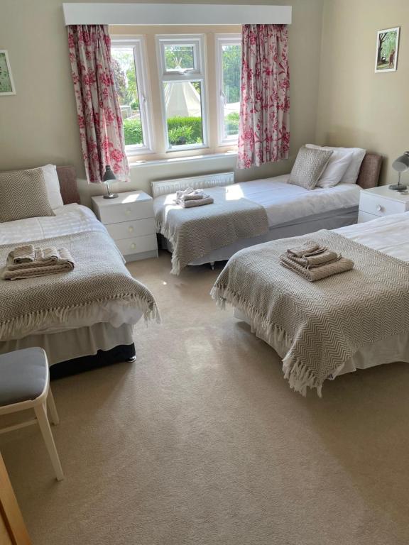 水上伯顿Cotswolds Luxury House in Central Bourton Large Sleeps 2-11. Pet Friendly.的一间卧室设有两张床、一张沙发和窗户。