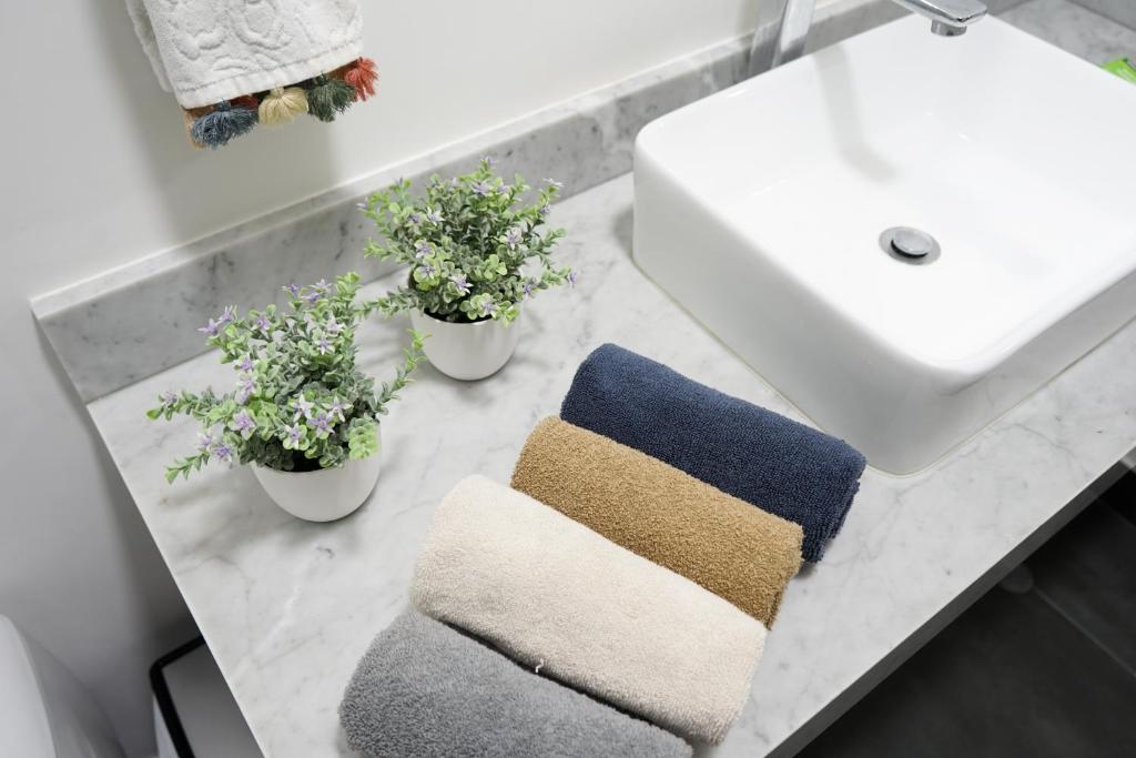 利马Chic Executive Apartment-Barranco的浴室配有水槽和2条毛巾。