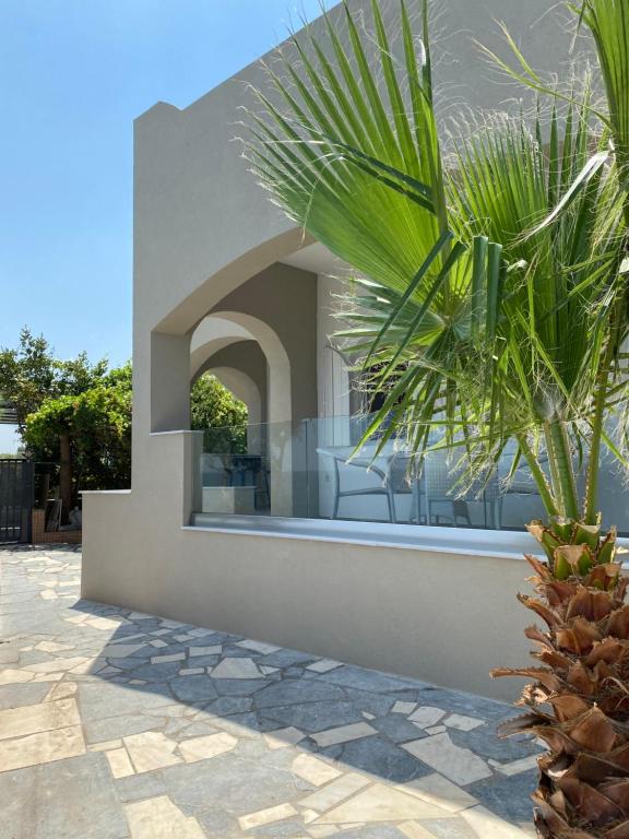 GázionBeautiful House in Front of the Sea的前面有棕榈树的房子
