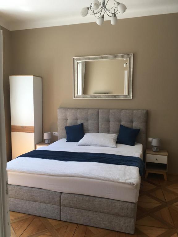 卡罗维发利Apartment Vertigo的一间卧室配有一张带蓝色枕头的大床