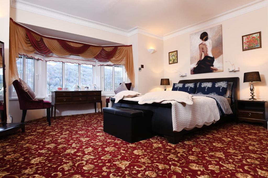 斯旺西Luxury Suite in quiet countryside location的卧室配有一张床、一张书桌和窗户。
