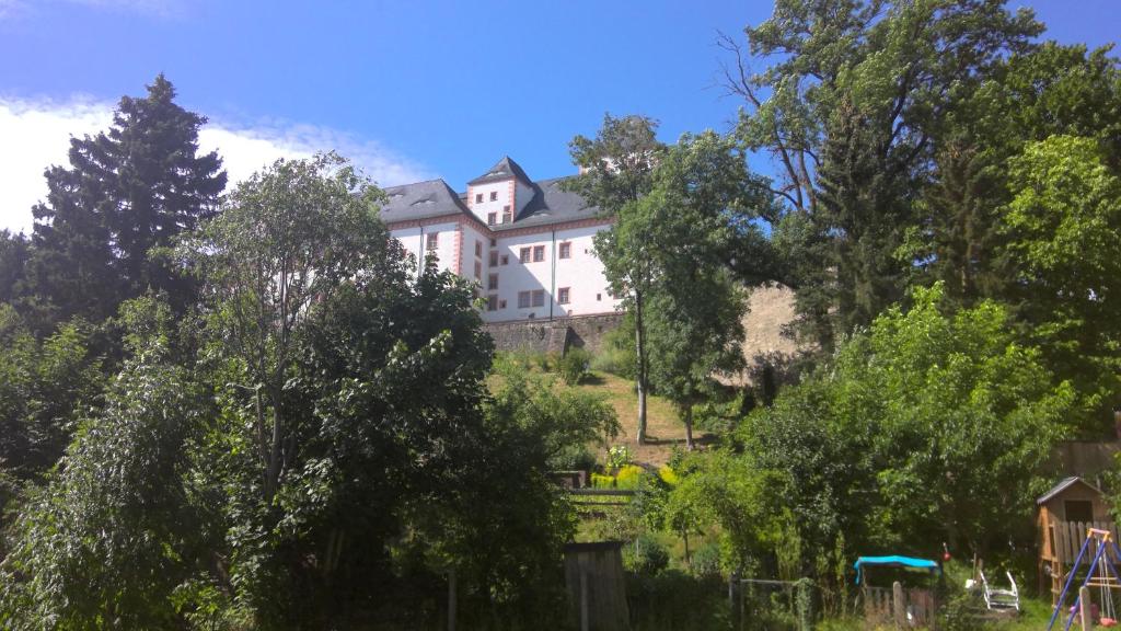 奥古斯都堡Ferienwohnung Augustusburg的一座树木茂密的山顶上的白色房子