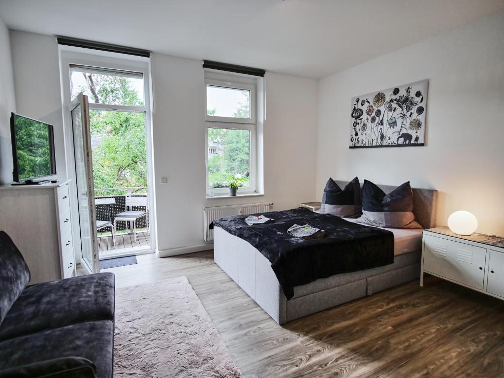 爱尔福特Appartement OTTO I - Erfurt Zentrum的一间卧室配有一张床、一张沙发和一台电视。