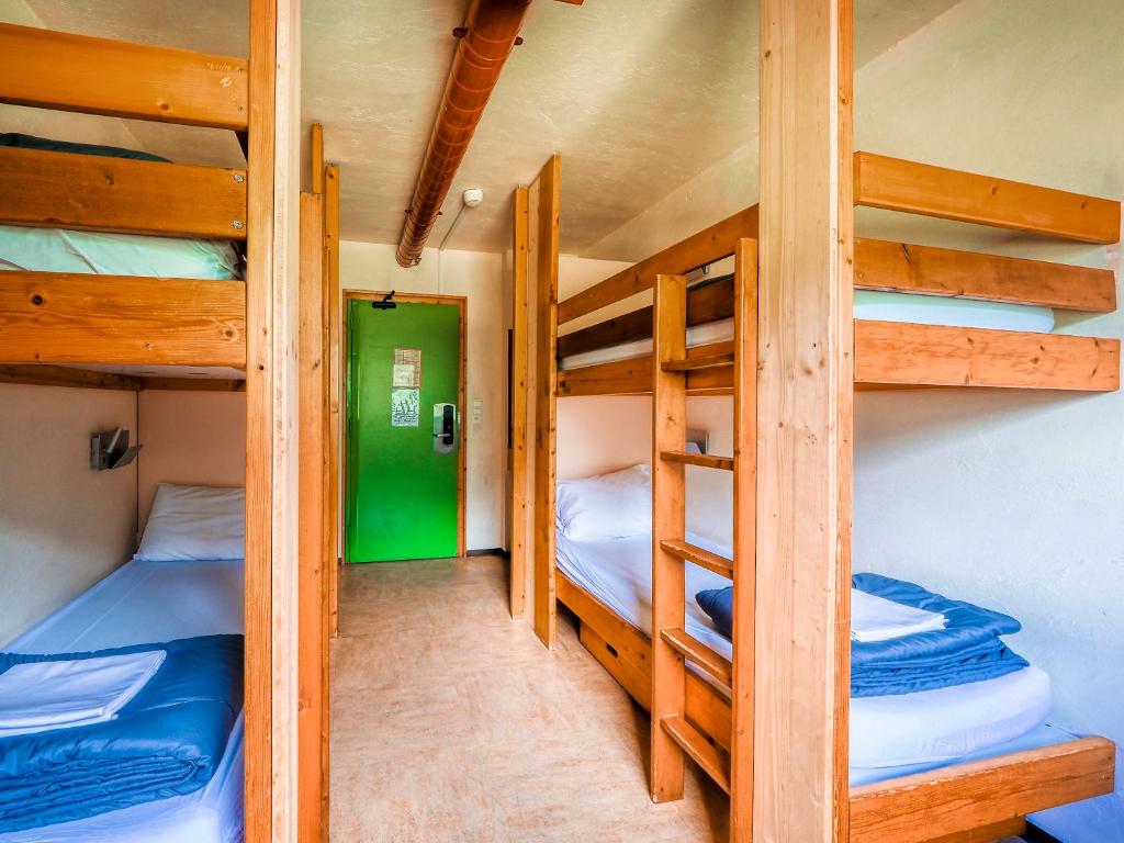 夏蒙尼-勃朗峰Auberge de Jeunesse HI Chamonix的小屋内带三张双层床的客房