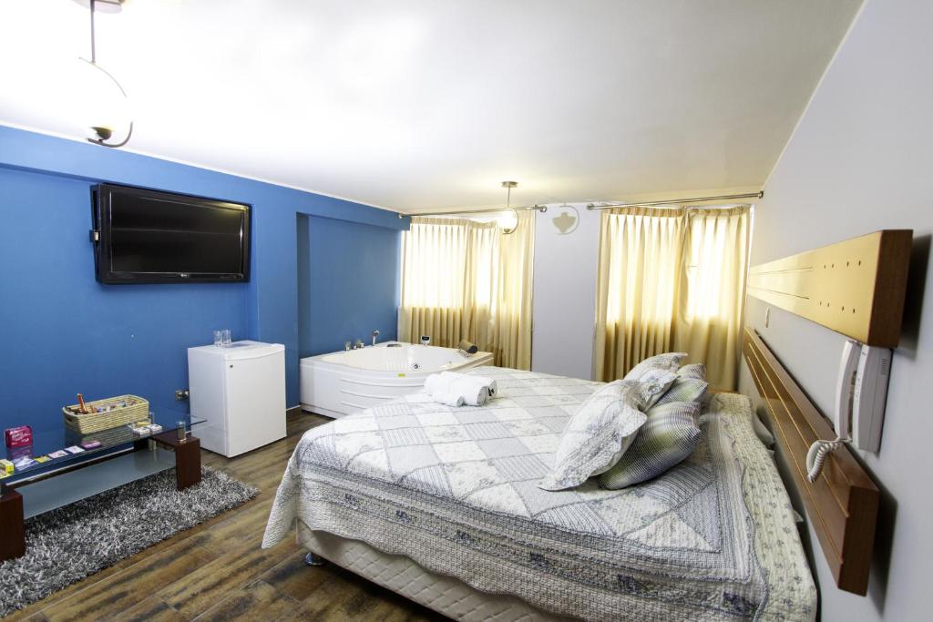 利马帕达玛酒店的一间卧室配有一张床、一个浴缸和一台电视。