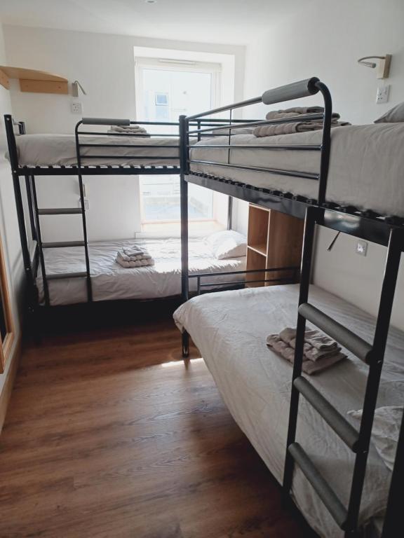 道格拉斯Voyage Hostel - Rooms with Shared Kitchen的客房设有三张双层床,铺有木地板。