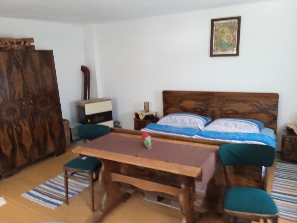 Brod na KupiKuća za odmor Lešnica的卧室配有一张床和一张木桌及椅子