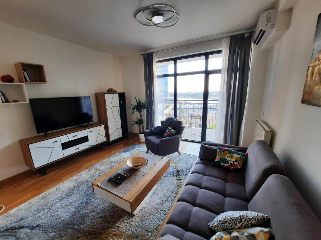 贝尔格莱德B-G Waterfront Apartment的带沙发和电视的客厅