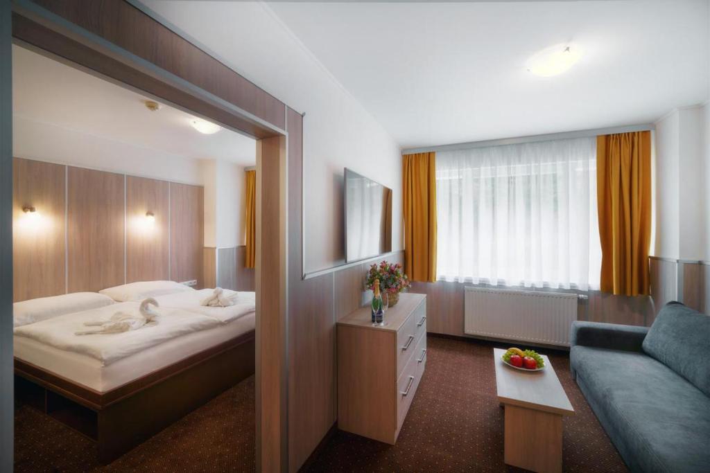 Pirkenhammer绿色天堂健康酒店的酒店客房,配有床和沙发