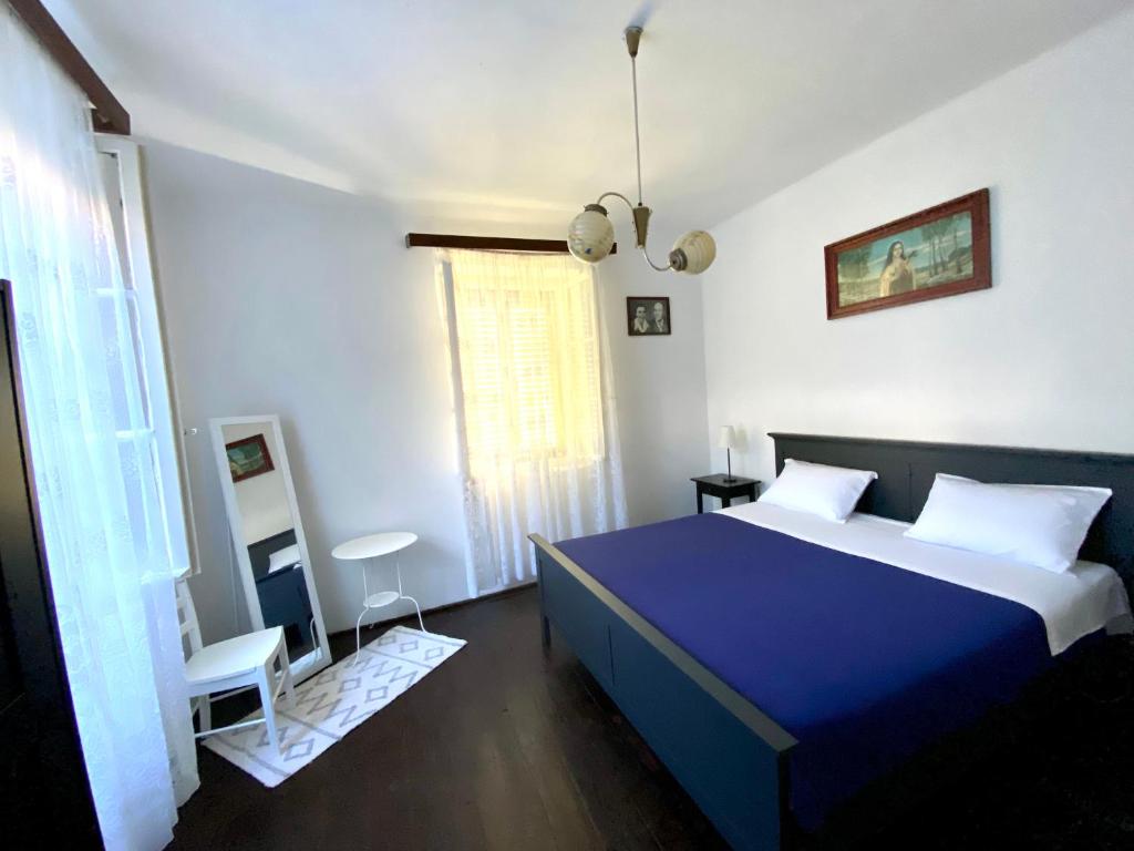 普莱克Family house Bacalja的一间卧室设有蓝色的床和白色的墙壁