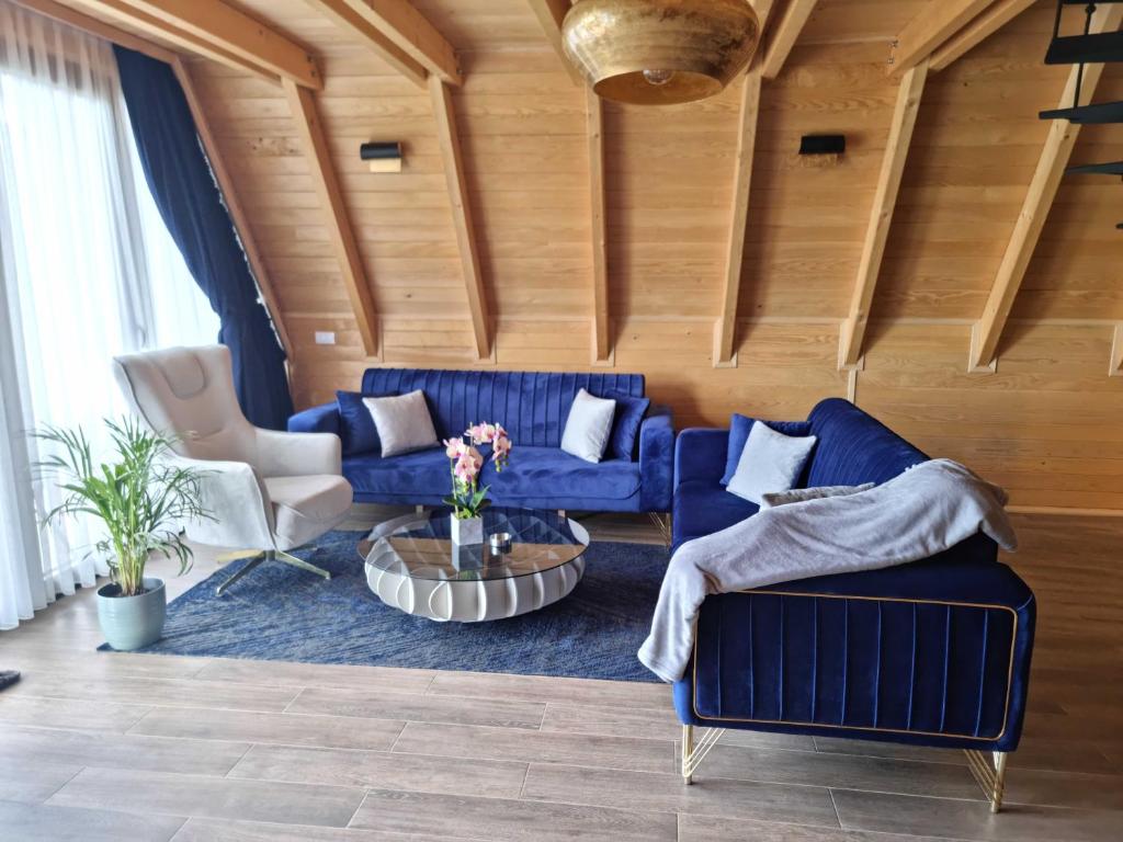 OrllanBatllava Premium Resort Villa 2的客厅配有蓝色的沙发和桌子