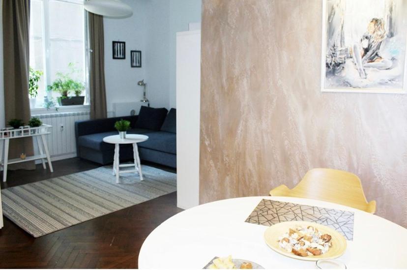 索非亚Elegant apartment in the center of Sofia的客厅配有沙发和一张带一盘食物的桌子