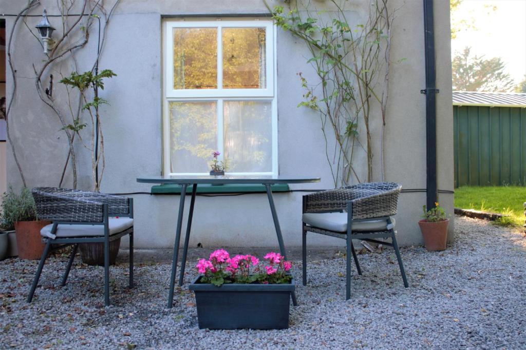 肯梅尔Remarkable Apartment in Kenmare Ireland的一张桌子和两把椅子以及窗户