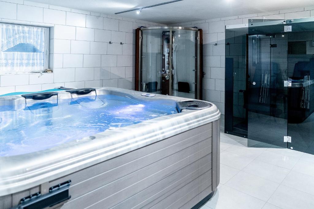 MeuspathLand-gut-Hotel am Ring的带淋浴的浴室内的大型浴缸