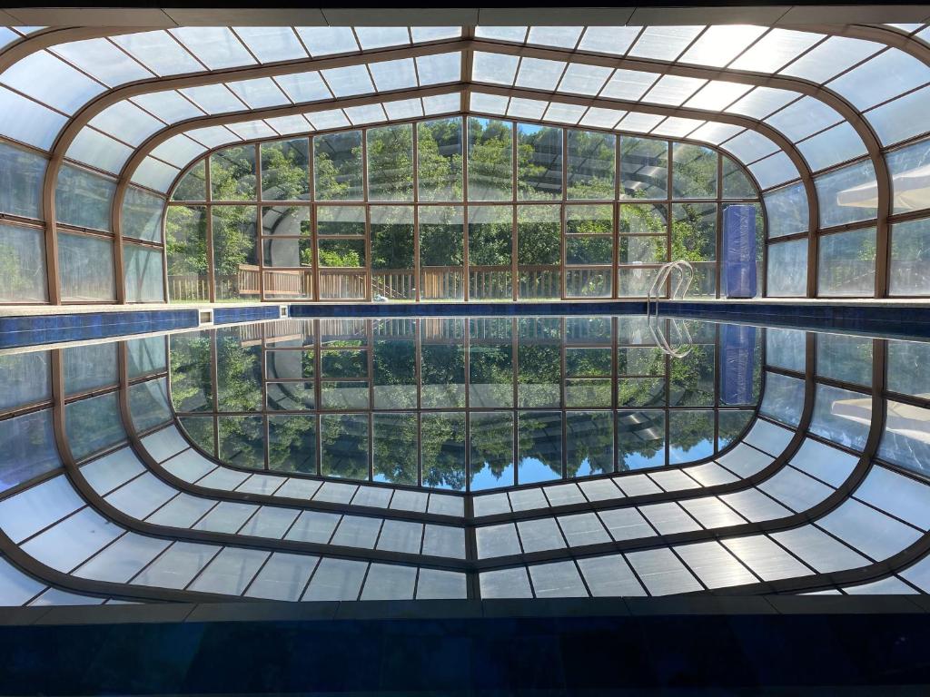 奥利韦拉迪阿泽梅什茹拉尔里奥酒店的一座带大窗户的建筑中的室内游泳池