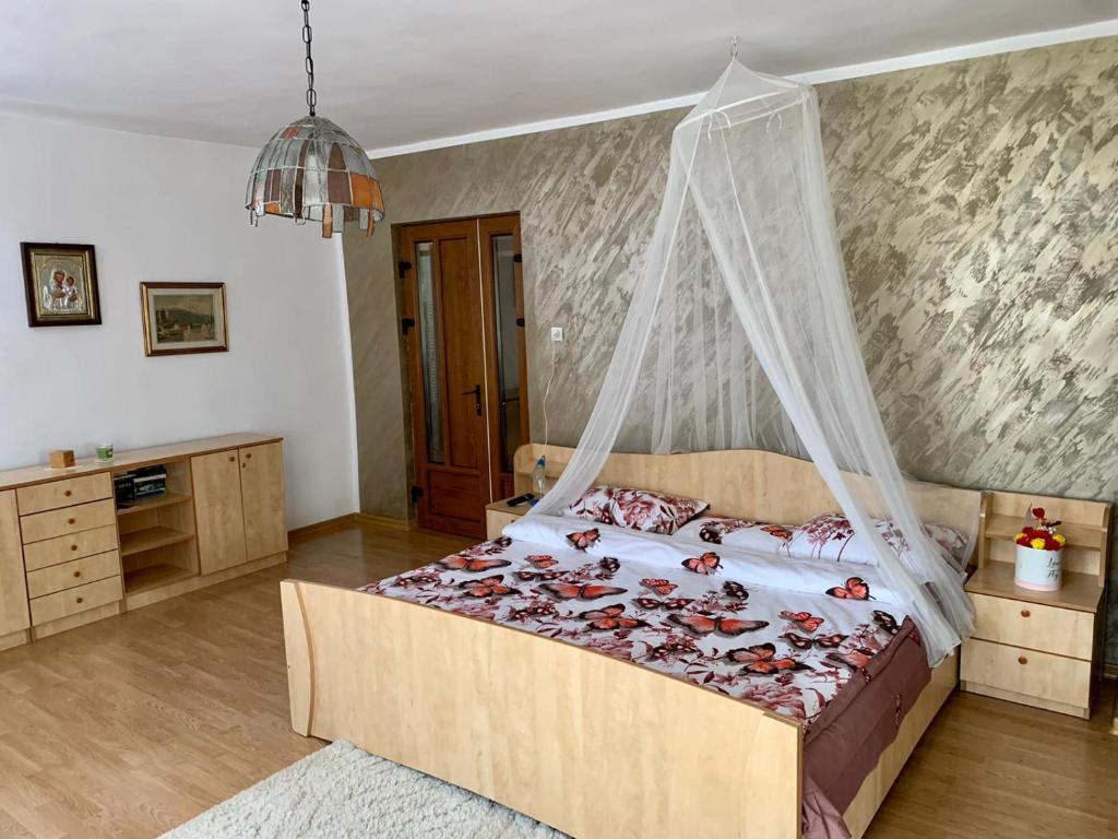 博尔沙Casa din livada的一间卧室配有一张带蚊帐的床