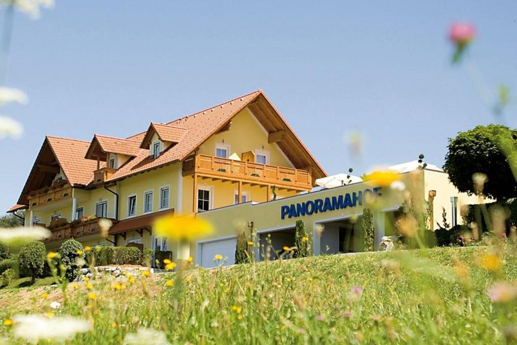 延纳斯多夫Hotel Panoramahof Loipersdorf的花田旁小山上的房子