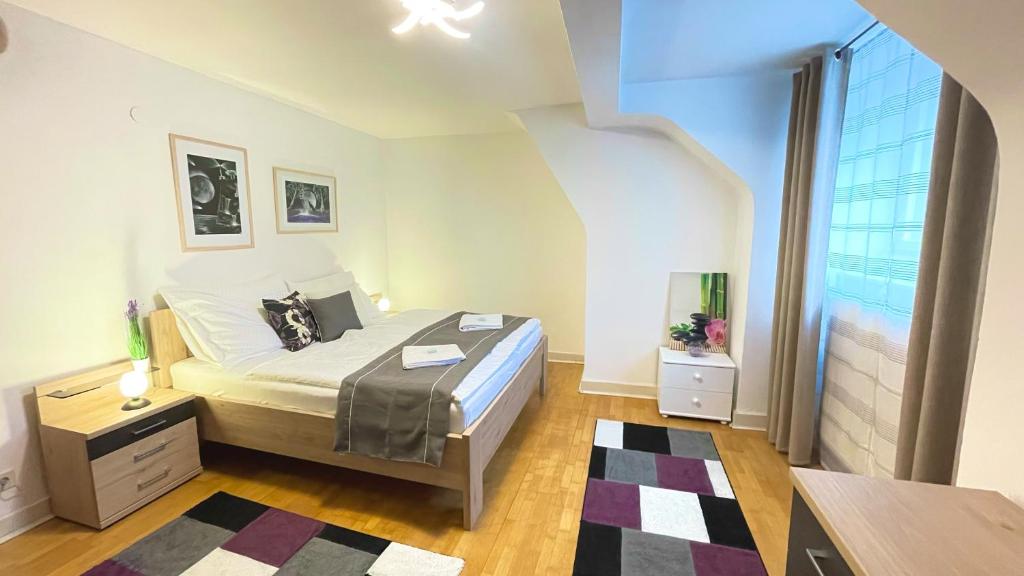 布雷根茨Zentrales Apartment Pfänderblick的一间卧室设有一张床和一个大窗户