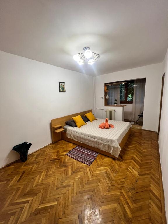 阿拉德Miha modern and central apartament Malul Mureșului的一间卧室配有一张床,铺有木地板