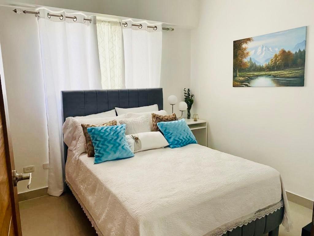 圣多明各Super Luxurious L6 Sky Blue Apartment的一间卧室配有一张带蓝色枕头的大床