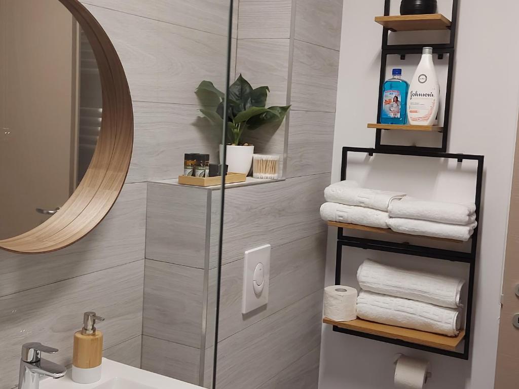 北马马亚-讷沃达里DiaCos的浴室配有盥洗盆、镜子和毛巾