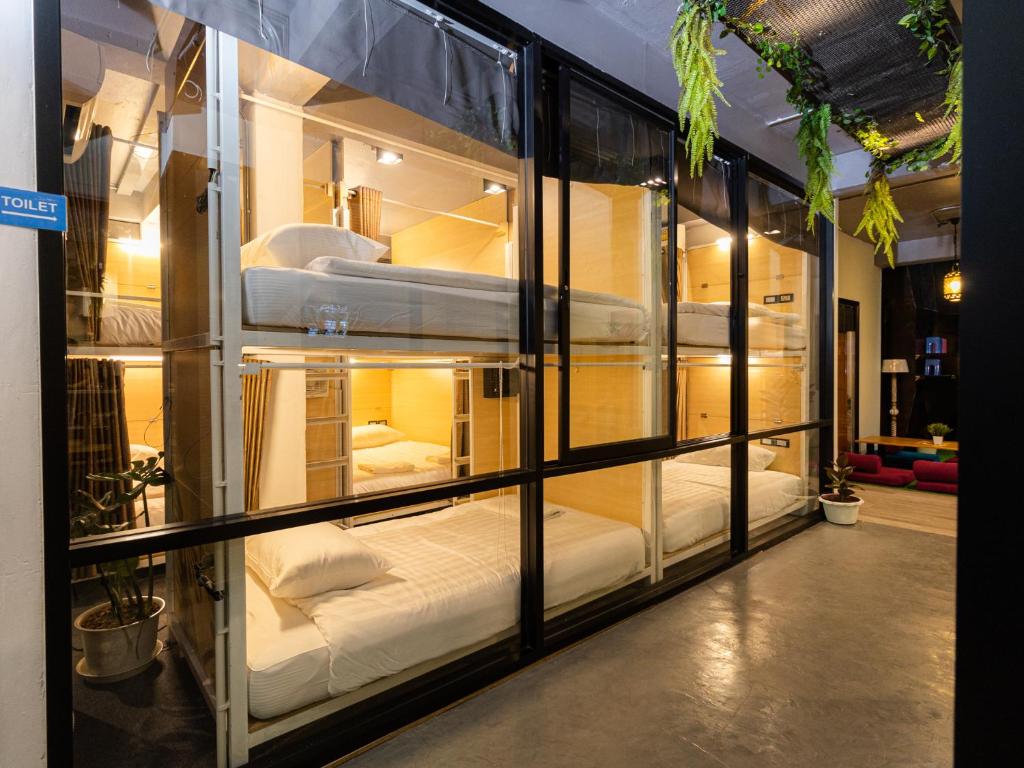 曼谷Khao San Social Capsule Hostel的展示箱里放着一堆床的房间
