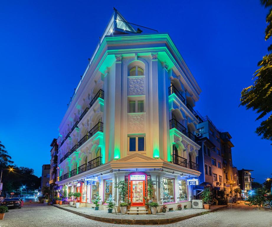 伊斯坦布尔马格诺拉宫殿酒店的一座晚上有圣诞灯的建筑