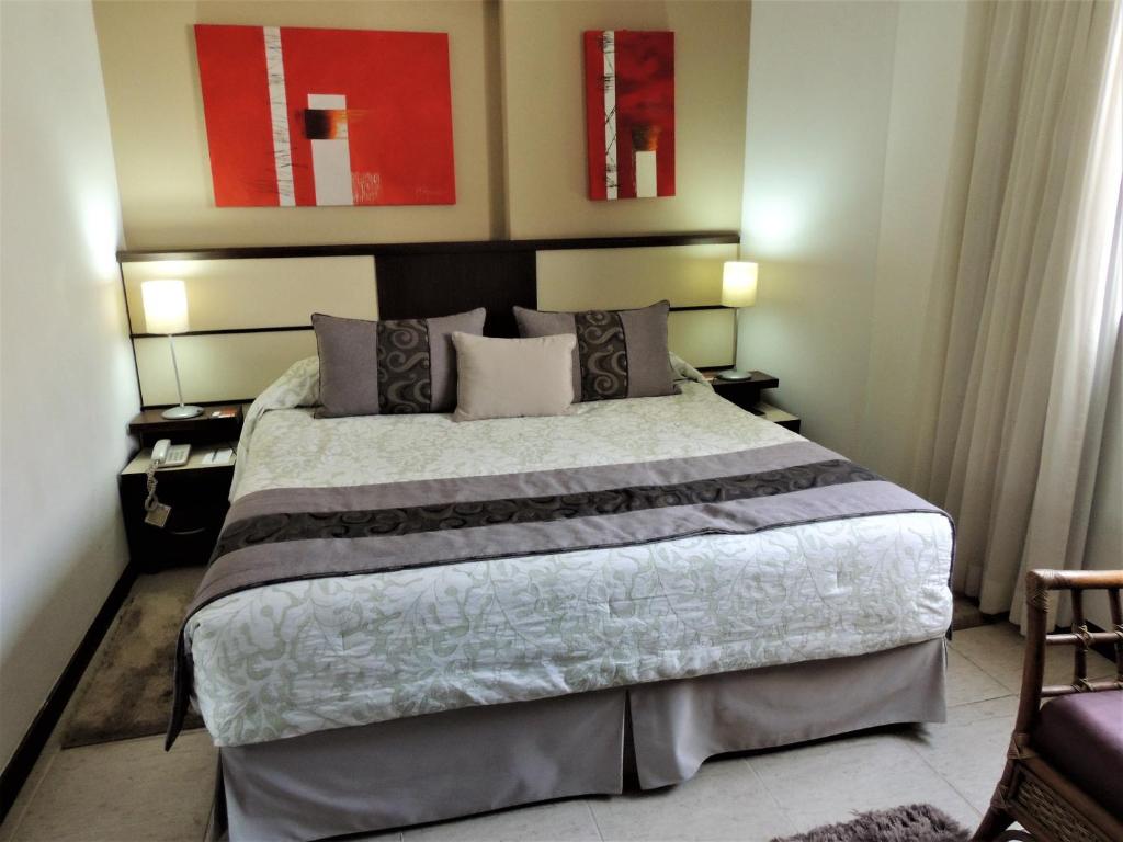 圣若泽杜斯坎普斯Mondrian Suite Hotel的一间卧室,卧室内配有一张大床