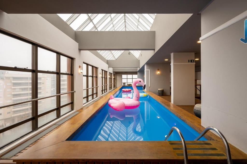 南卡希亚斯南卡希亚斯城际酒店的一座游泳池,里面装有粉红色的火烈鸟