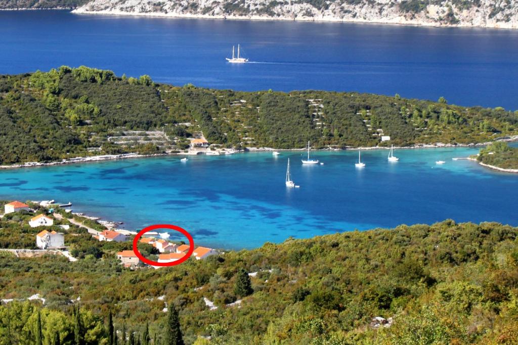 拉茨斯切Apartments by the sea Kneza, Korcula - 9168的水中有一个红圆的岛屿