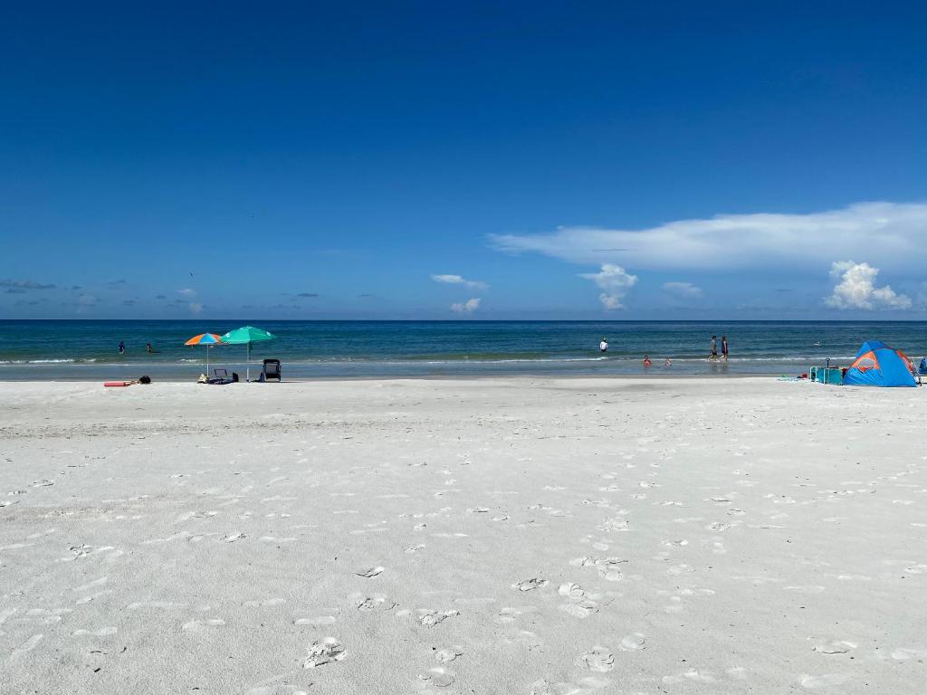 克利尔沃特Belleview Gulf Condos的海滩上设有遮阳伞和水面上的人物