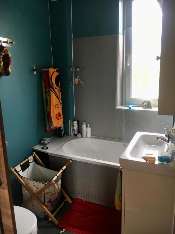 Baillet-en-FranceChambre privée les Clottins dans maison的带浴缸和盥洗盆的浴室