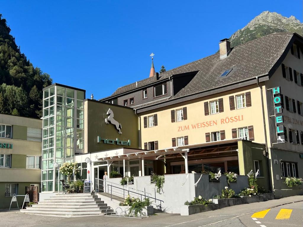 格舍嫩Hotel Weisses Rössli的一边有滑板的建筑