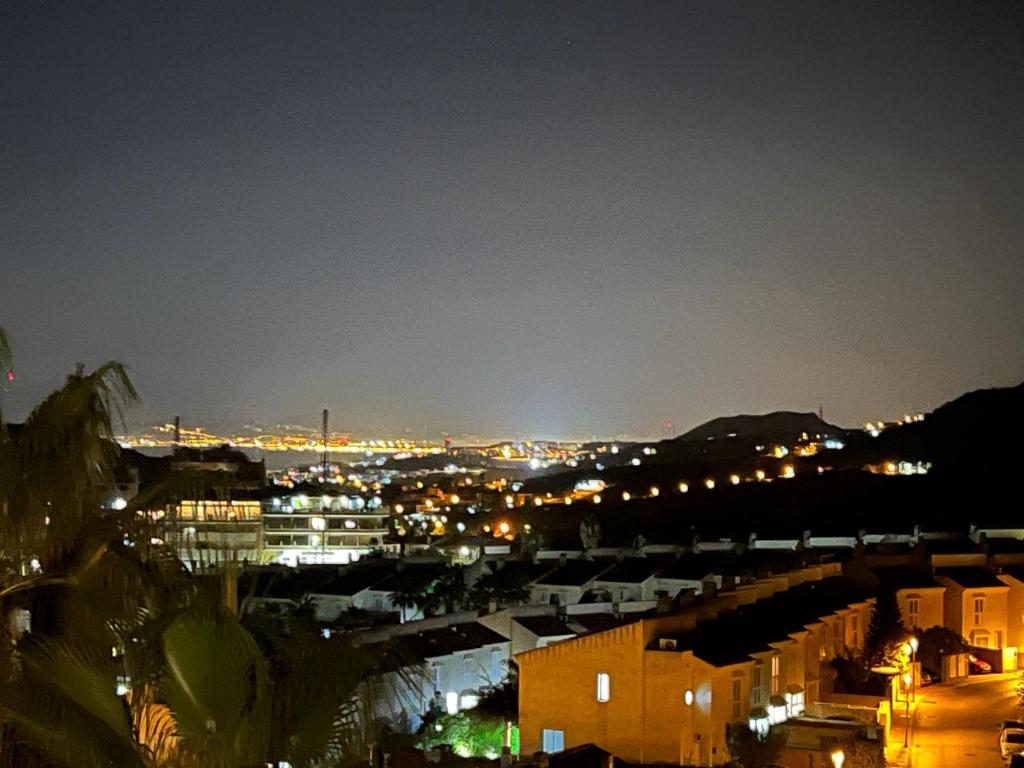 马拉加Ático的夜晚带灯光的城市景观