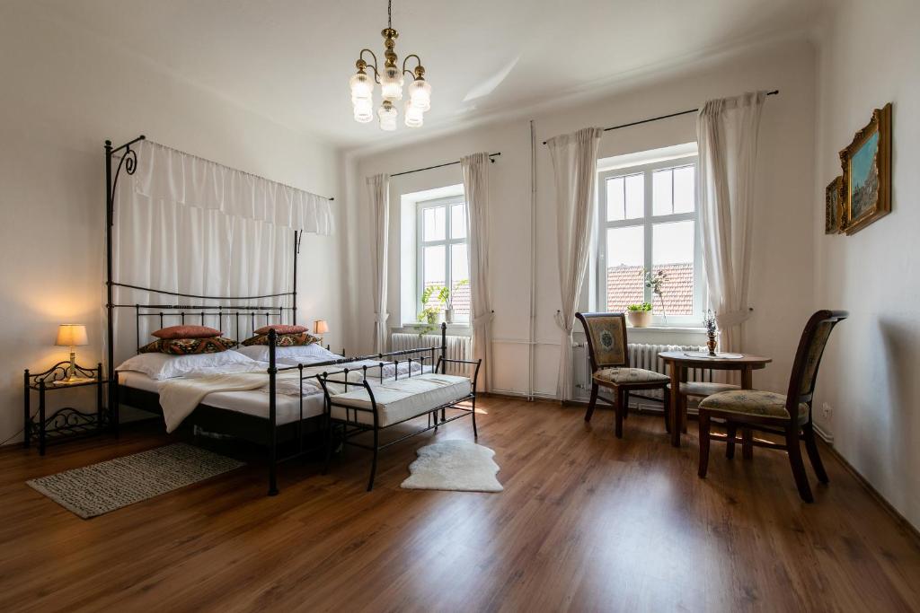 多尼杜纳约维采Vila Witke的卧室配有一张床和一张桌子及椅子