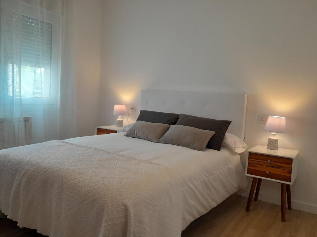 卢戈Apartamento a Carballeira的一间卧室配有一张带两盏灯的大型白色床。